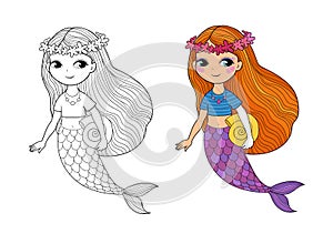 Cute cartoon mermaids. Siren. Sea theme. vector illustration. Beautiful cartoon girl with a fish tail. Illustration for