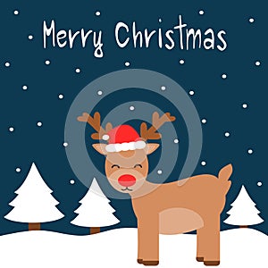 Cute cartoon merry christmas card with reindeer in the snow with christmas red hat