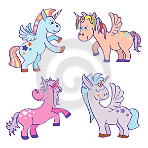 Cute cartoon miracle unicorns vector set