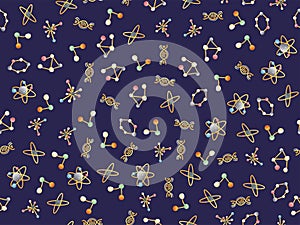 Cute cartoon molecular seamless pattern. DNA molecule, atoms and atomic structure, proton and electron science elements