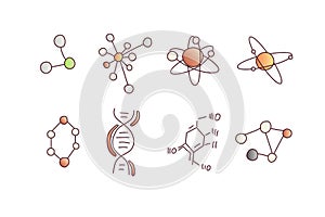 Cute cartoon molecule and atom icon set. Atomic and molecular illustration. Structure of molecula and atom with electron photo