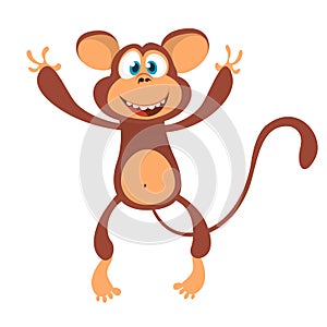 Cute cartoon monkey character icon. Chimpanzee mascot waving hand and presenting. Vector illustration