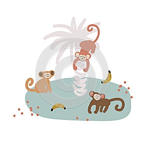 Cute cartoon monkey gang vector childish illustration.