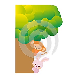 Cute cartoon Monkey and Rabbit hiding behind the tree. Playing hide and seek