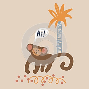 Cute cartoon monkey vector childish illustration.