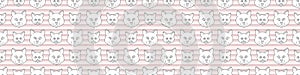 Cute cartoon monochrome British shorthair cat and kitten seamless vector border. Pedigree lineart kitty breed domestic