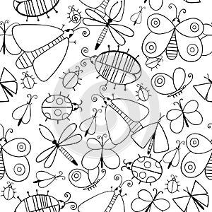 Cute cartoon monochtome insect set. Dragonflies, butterflies and bugs. Vector seamless pattern.
