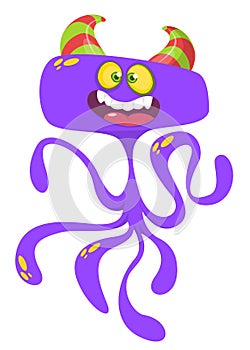 Cute cartoon monster alien or octopus. Vector illustration of purple flying monster for Halloween.