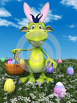 Cute cartoon monster with easter basket.
