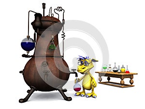 Cute cartoon monster in his chemistry lab.