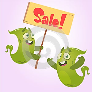 Cute cartoon monster holding sale sign. Green monsters set for shopping discount.