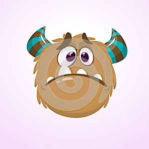 Cute cartoon monster with horns . Crying monster emotion. Halloween vector illustration.