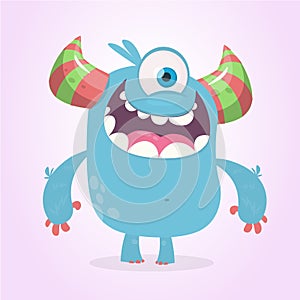 Cute cartoon monster with horns with one eye. Smiling monster emotion with big mouth. Halloween vector illustration.