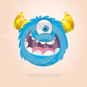 Cute cartoon monster with horns with one eye. Smiling monster emotion with big mouth. Halloween vector illustration.