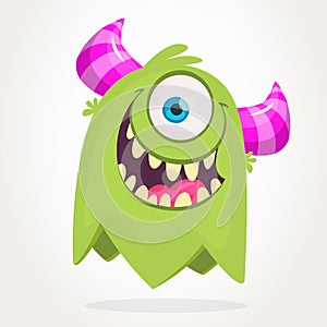 Cute cartoon monster with horns with one eye. Smiling monster emotion with big mouth. Halloween vector illustration.