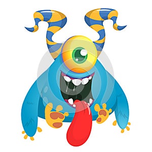 Cute cartoon monster  with horns and one eye. Smiling monster emotion with big mouth. Halloween vector illustration