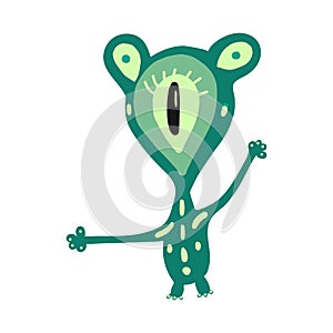 Cute cartoon monster with one eye long arms and green skin. hand drawn. vector illustration. isolated on white