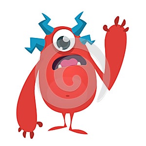 Cute cartoon monster with one eye. Vector Halloween illustration of funny red monster character.