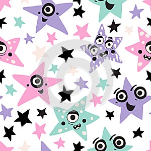 Cute cartoon monster stars character seamless pattern