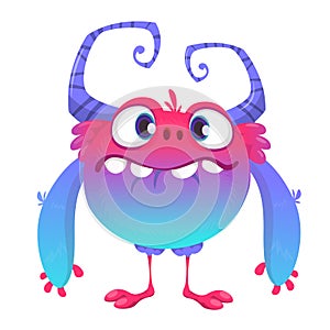 Cute cartoon monster. Vector furry blue monster character with tiny legs and big horns. Halloween design.