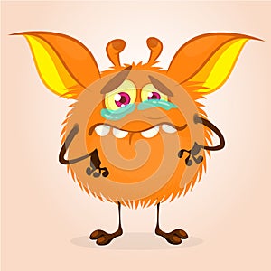 Cute cartoon monster. Vector furry orange monster character on tiny legs and big ears. Halloween design.