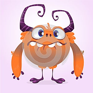 Cute cartoon monster. Vector furry orange monster character with tiny legs and big horns. Halloween design.