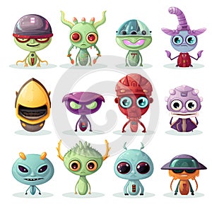 Cute cartoon monsters alien set. Comic halloween joyful monster characters. Funny devil, ugly alien and smile creature flat vector