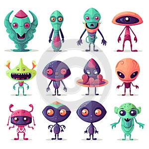 Cute cartoon monsters alien set. Comic halloween joyful monster characters. Funny devil, ugly alien and smile creature flat vector