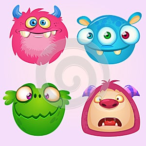 Cute cartoon monsters collection. Vector set of 4 Halloween monster icons.