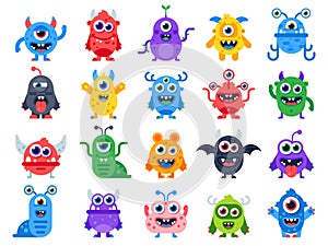 Cute cartoon monsters. Comic halloween joyful monster characters. Funny devil, ugly alien and smile creature flat vector