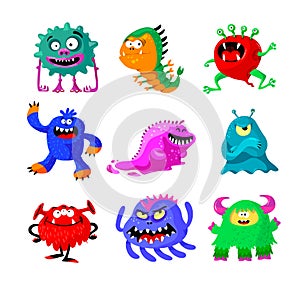 Cute Cartoon Monsters Set. Comic Halloween Joyful Characters, Funny Devil, Ugly Alien and Smile Creatures Isolated