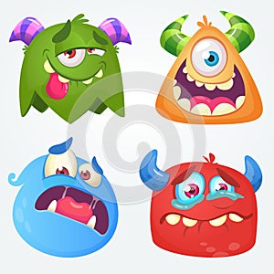 Cute cartoon monsters. Vector set of 4 Halloween monster icons.