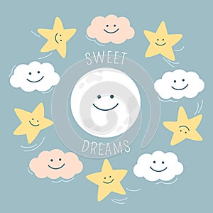 Cute cartoon moon, stars, clouds on the night sky in pastel colors. Nursery illustration.