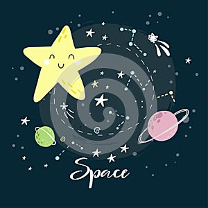 Cute cartoon moon, stars, comets and planet in the night sky. Inscription Space