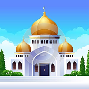 Cute Cartoon mosque with golden dome and green and yard flat illustration