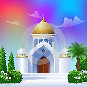 Cute Cartoon mosque, ramadan kareem illustration with colorful sky green and yard