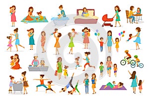 Cute cartoon mother and children isolated vector illustration scenes set, mom with daughter son kids