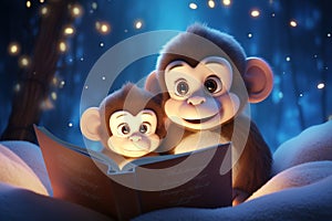 cute cartoon mother monkey reads a book of fairy tales to her baby