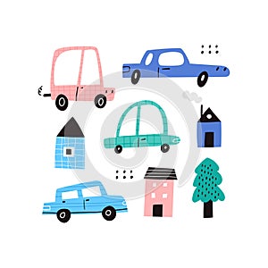 Cute cartoon motor cars, houses and tree collection clipart on white background
