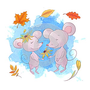 Cute cartoon mouse, autumn and leaves.