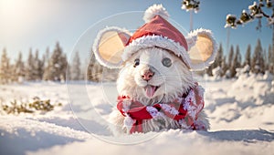Cute cartoon mouse celebration holiday new merry wearing happy Santa hat background snow animal christmas funny