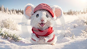 Cute cartoon mouse celebration new merry wearing happy Santa hat background snow animal christmas funny