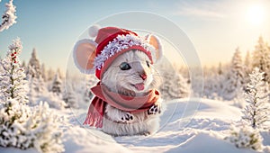 Cute cartoon mouse celebration red new merry wearing happy Santa hat background snow animal christmas funny