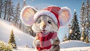 Cute cartoon mouse celebration winter new merry wearing happy Santa hat background snow animal christmas funny