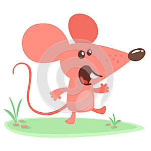 Cute cartoon mouse dancing on the meadow. Vector illustration isolated.