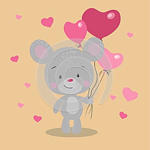 Cute cartoon mouse with heart shaped balloons for Valentine`s Day. Vector illustration