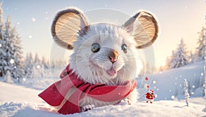 Cute cartoon mouse merry wearing happy Santa hat background snow animal christmas funny