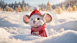 Cute cartoon mouse merry wearing Santa hat background snow animal christmas funny