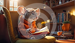 Cute cartoon mouse reading book story fantasy home house animal studying education occupation