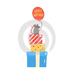 Cute cartoon mouse sitting on colorful gift boxes and holding red balloon. Happy Birthday colorful vector Illustration